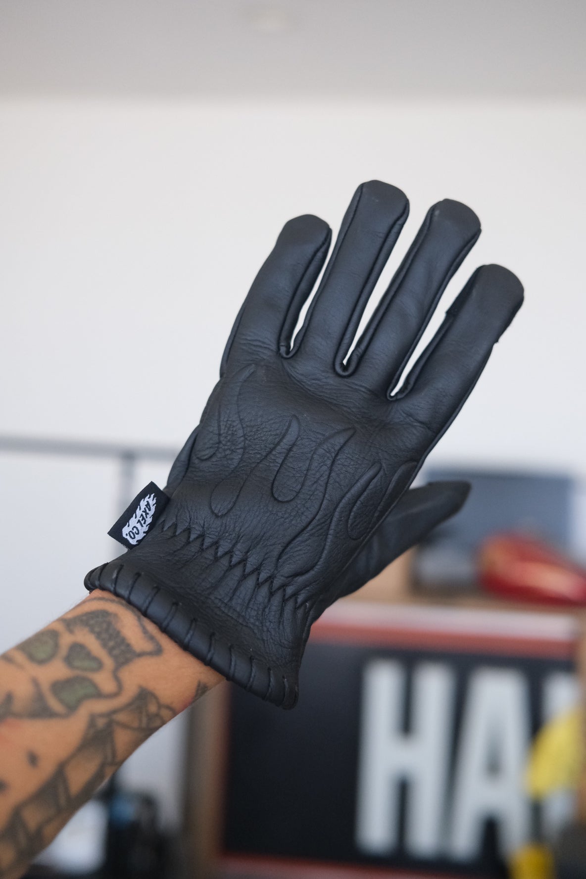 Embossed Black Cowhide Flame Gloves