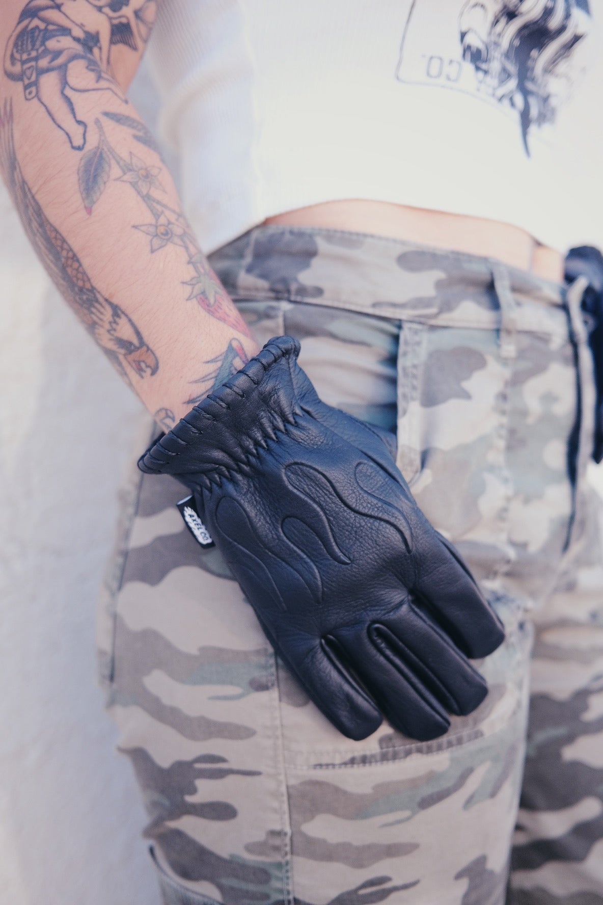 Embossed Black Cowhide Flame Gloves