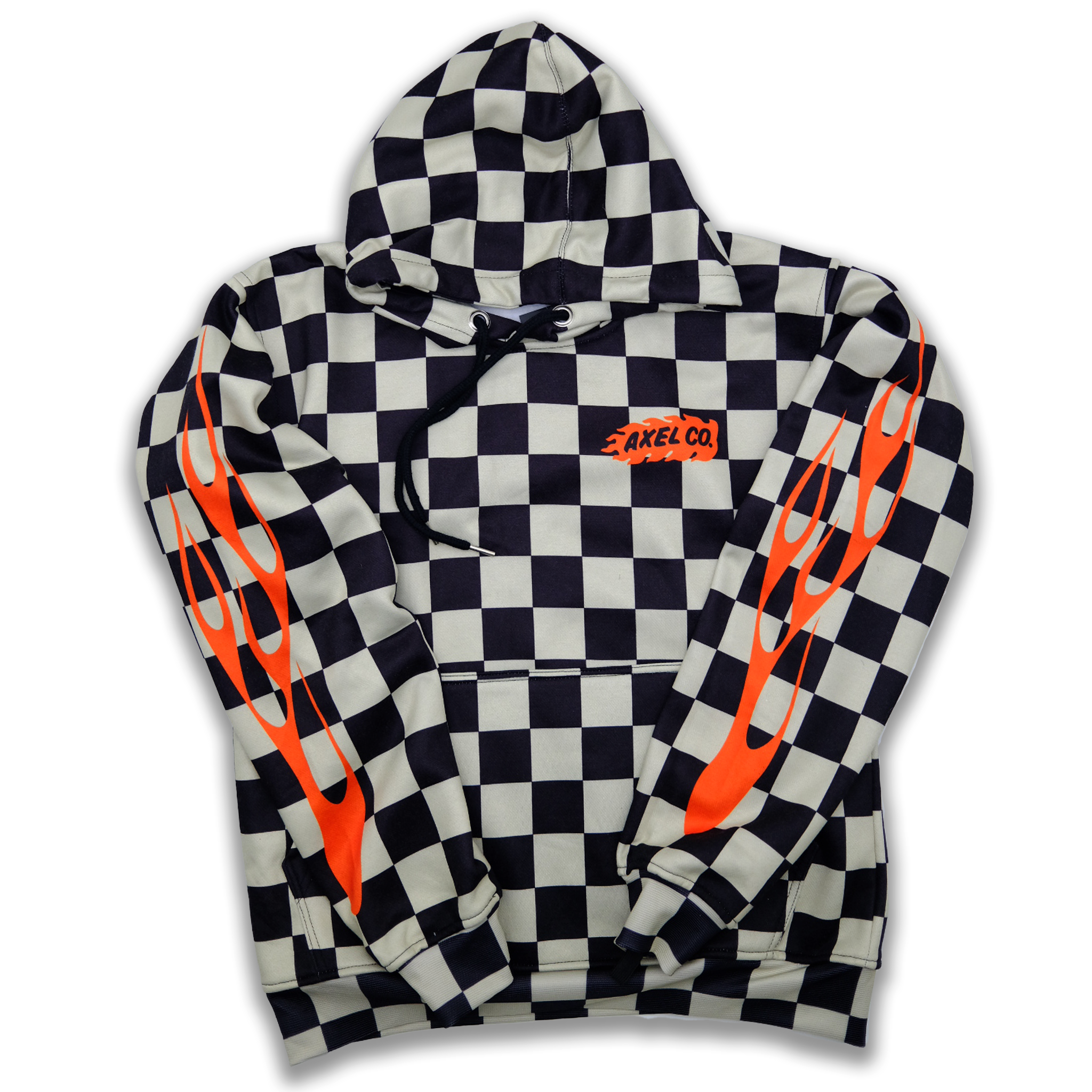 Checkered hoodie with orange flames and an Axel Co logo on a white background