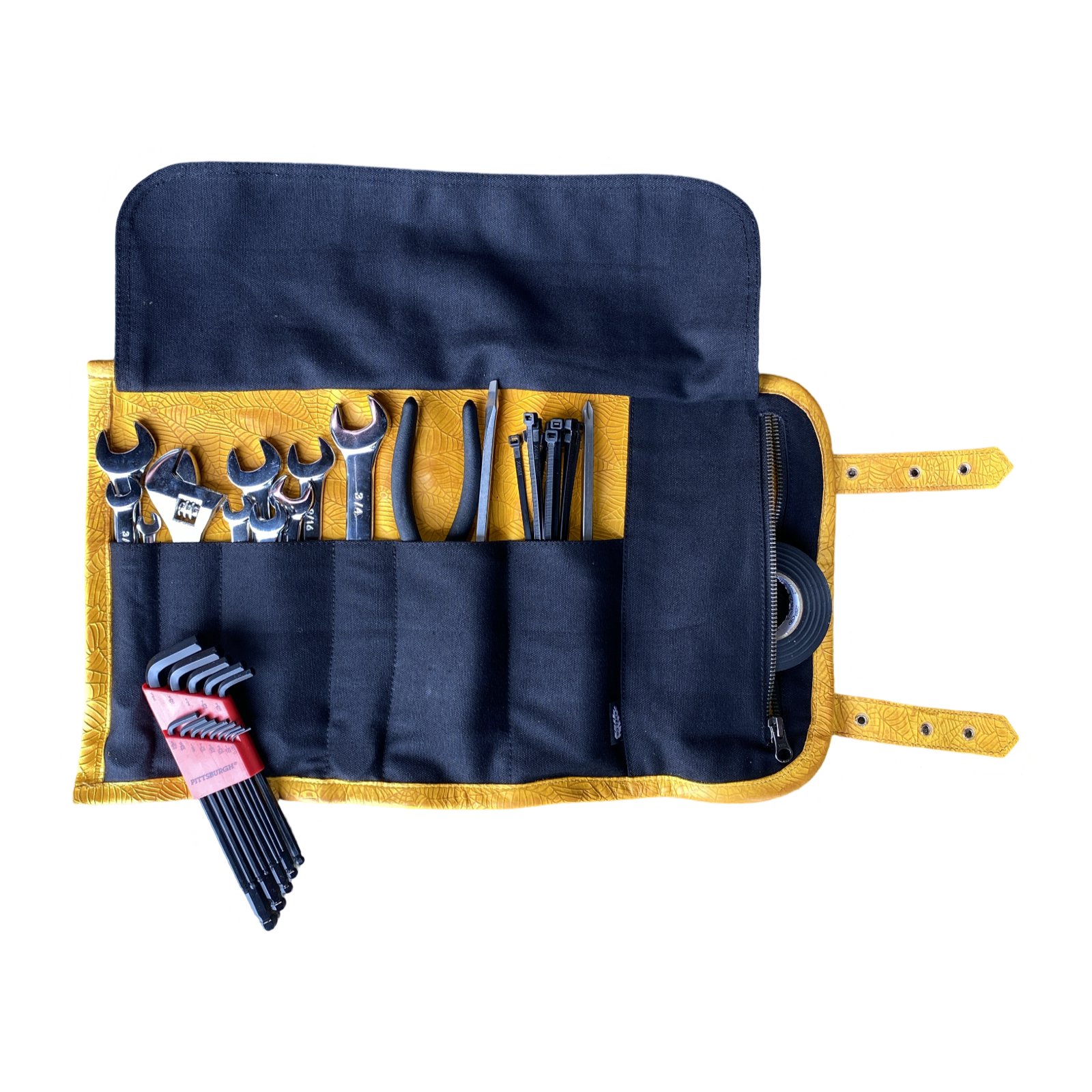 Yellow Spider Web Tool Roll with Tools