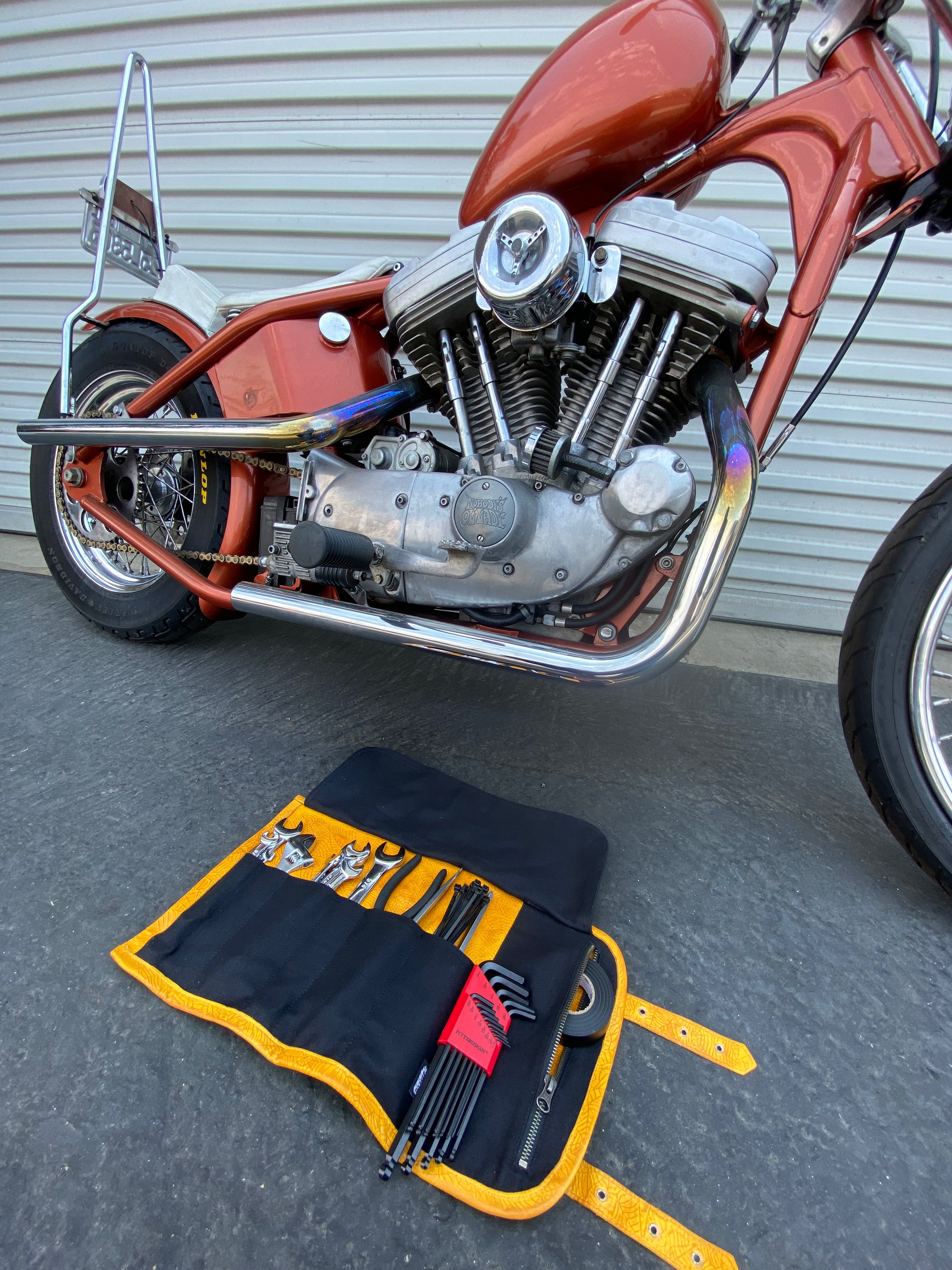 Yellow Spider Web Tool Roll with Tools