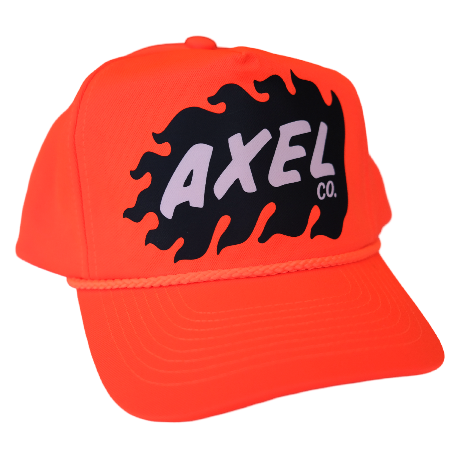 A orange snapback hat with the Axel Co. logo on the front