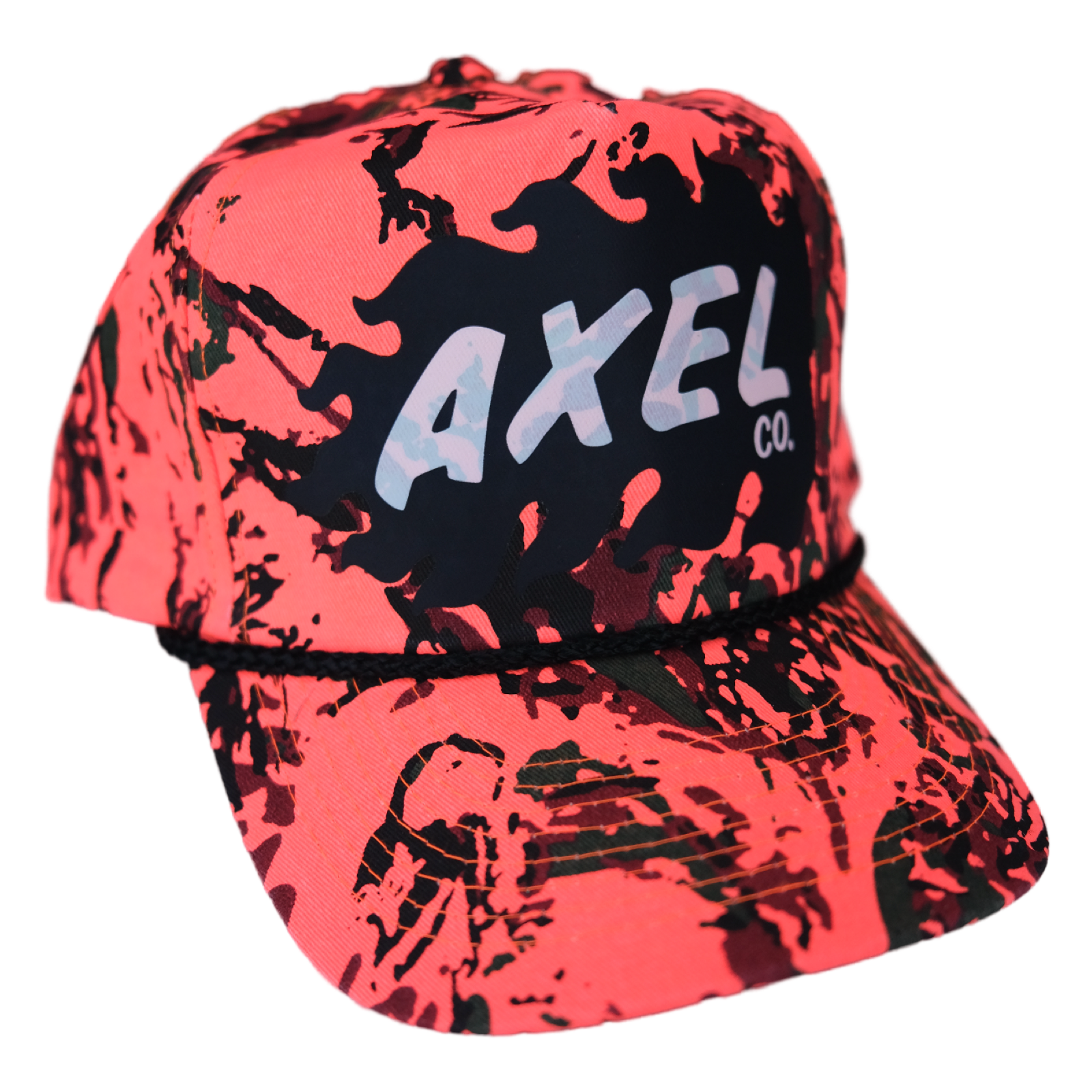 A orange camo snapback hat with the Axel  Co. logo on the front