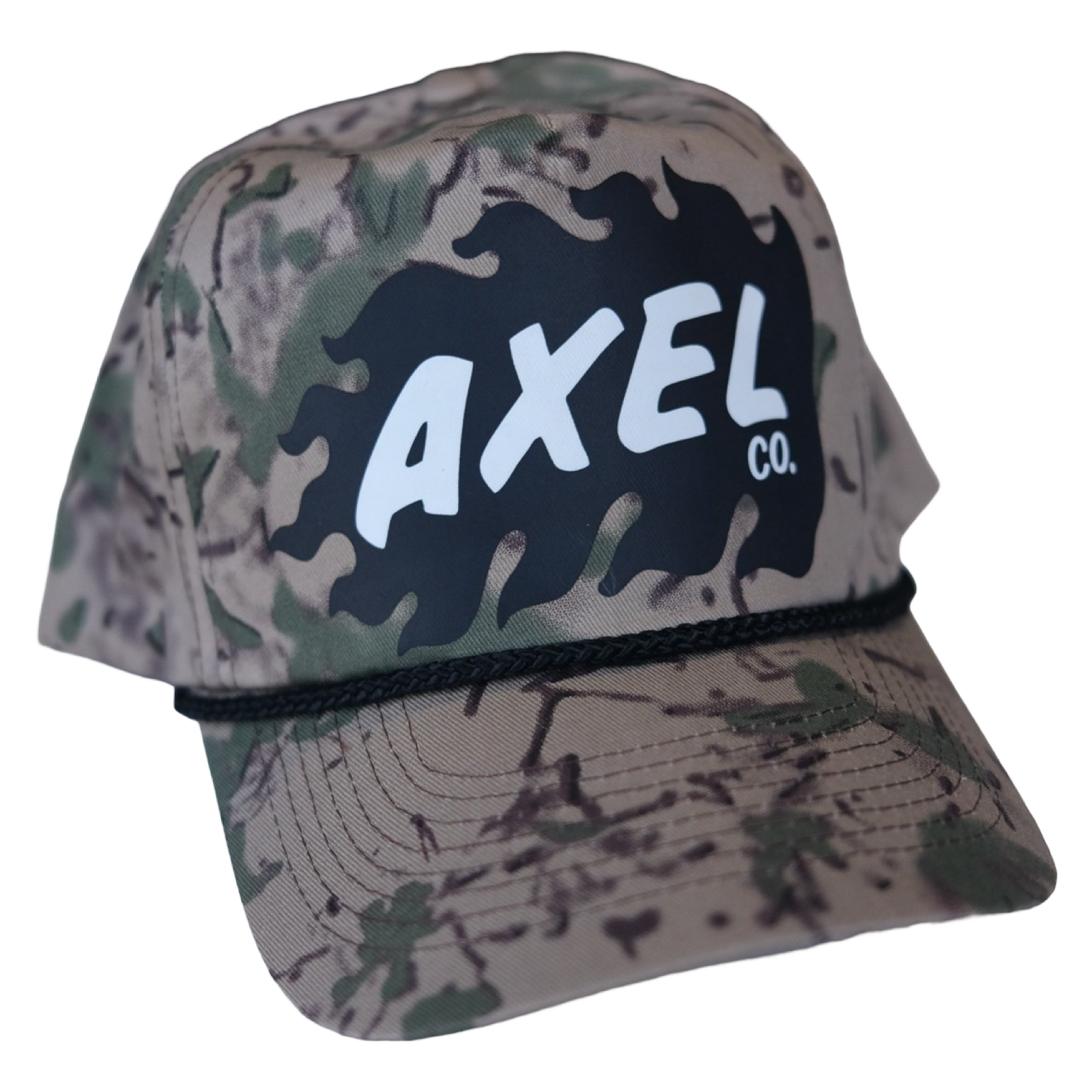 A camo snapback hat with the Axel Co. logo on the front