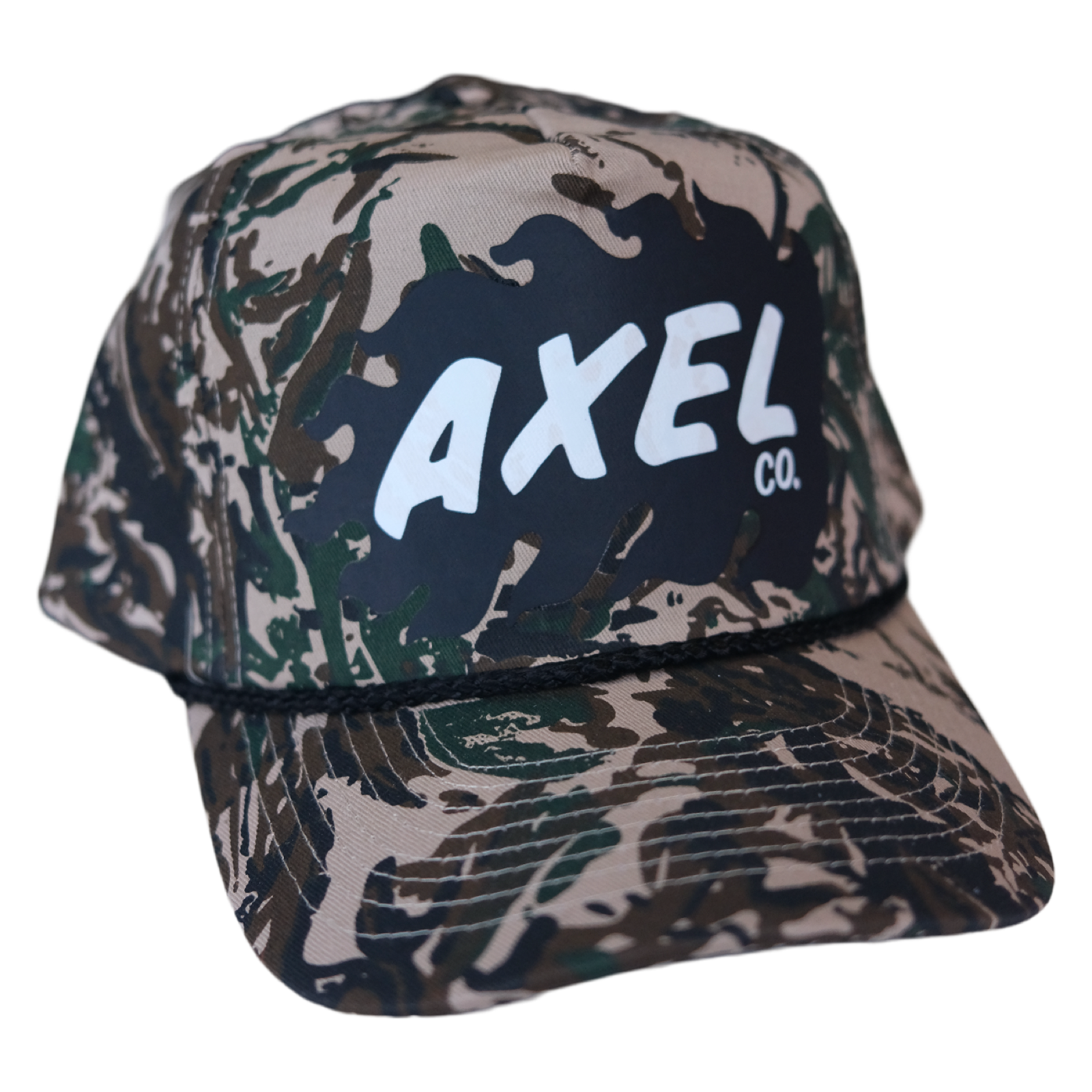 A camo snapback hat with the Axel Co. logo on the front