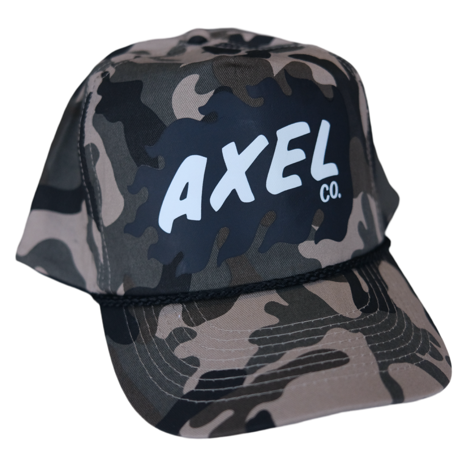 A camo snapback hat with the Axel Co. logo on the front