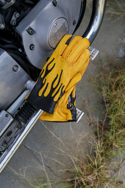 Axel Co  Black Flamed Yellow Cowhide Motorcycle Gloves