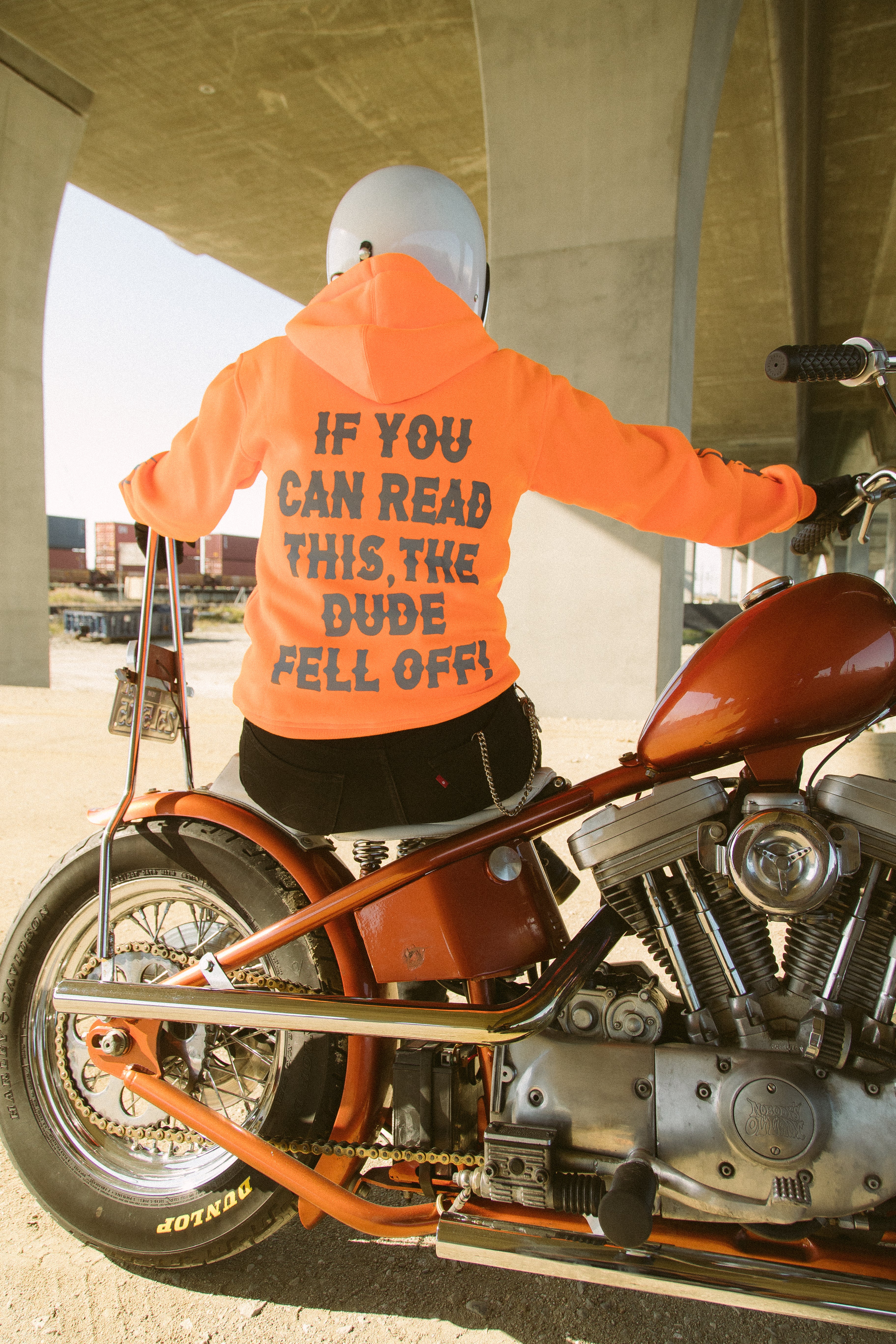 Orange "The Dude Fell Off" Motorcycle Hoodie