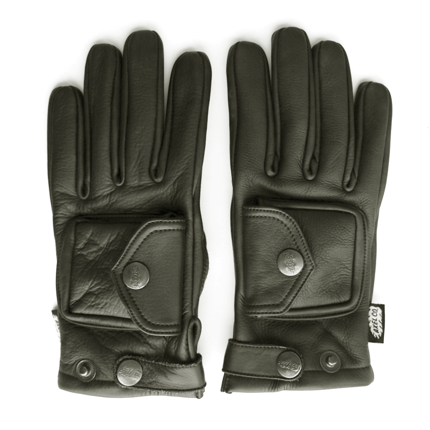 Pair of black motorcycle leather gloves with pocket and branded buttons