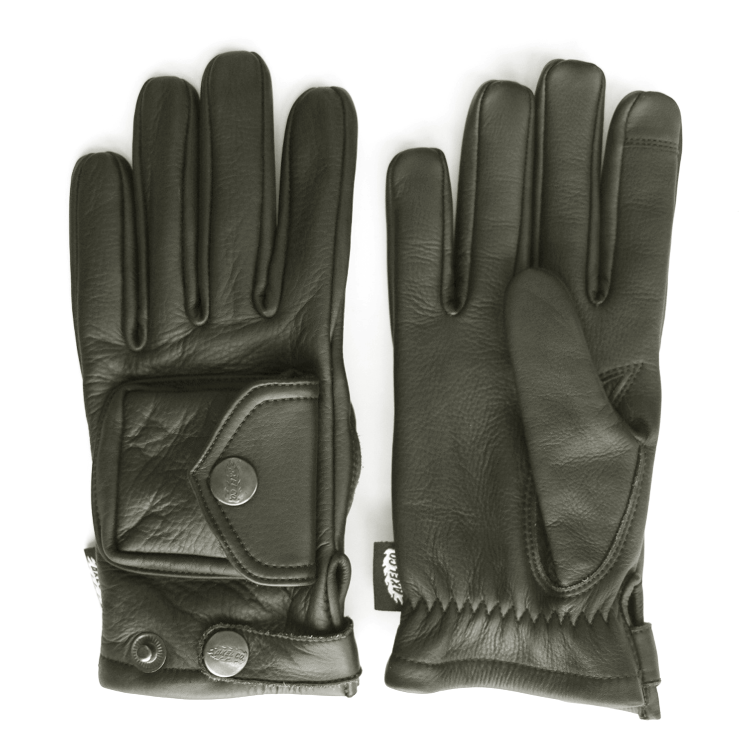 Pair of black leather gloves with a top pocket and wrist strap