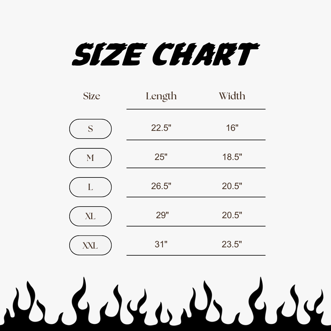 "LOUD PIPES GET DICK" TEE Size Chart