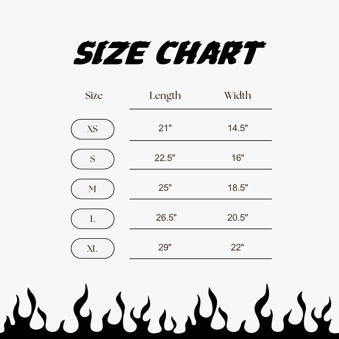 size chart "NOBODY RIDES FOR FREE" TEE