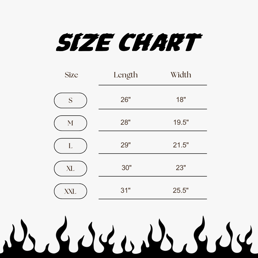 "PUT SOMETHING EXCITING BETWEEN YOUR LEGS" TEE Size chart
