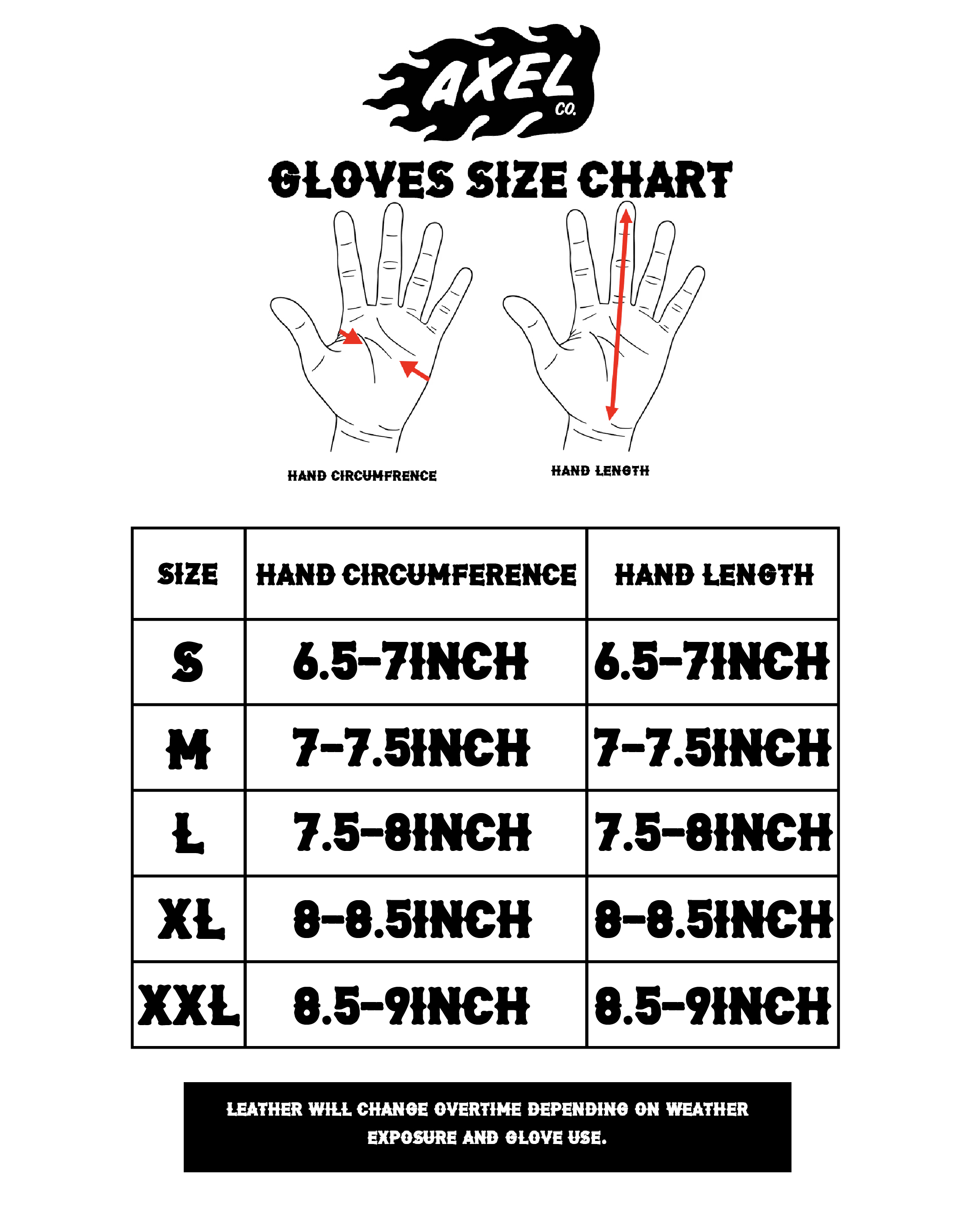 LEATHER COLD-WEATHER GLOVES Size Chart