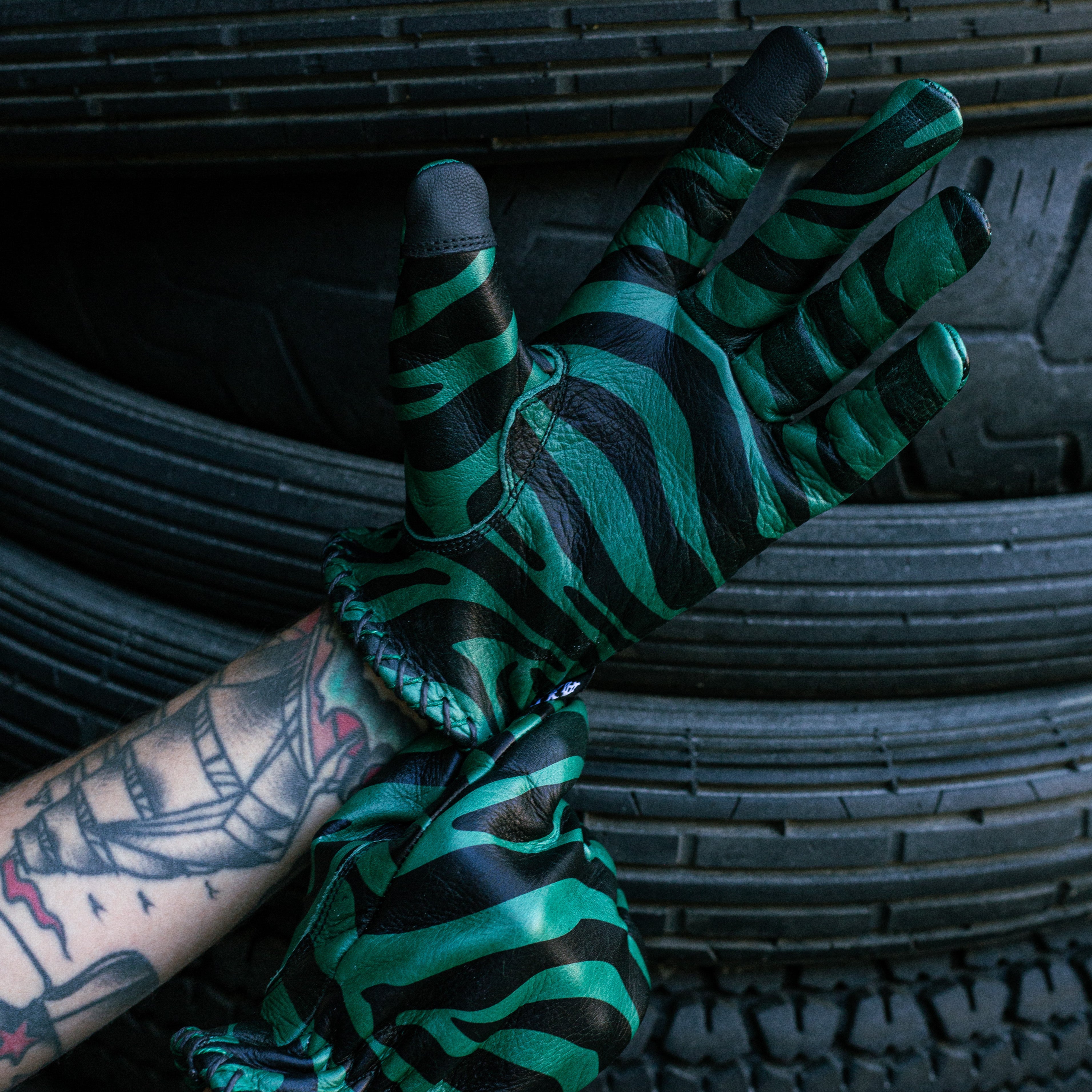 Green Zebra Leather Gloves