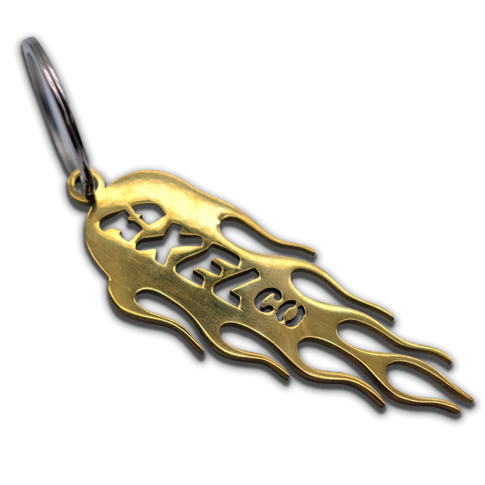 Gold pendant with 'Axel Co' laser cut keychain on a white background