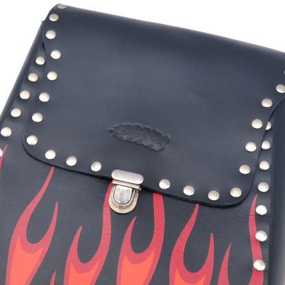Black leather bag with red flames and silver studs with an embossed Axel Co logo