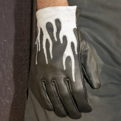 Axel Co White Flamed Black Cowhide Motorcycle Gloves