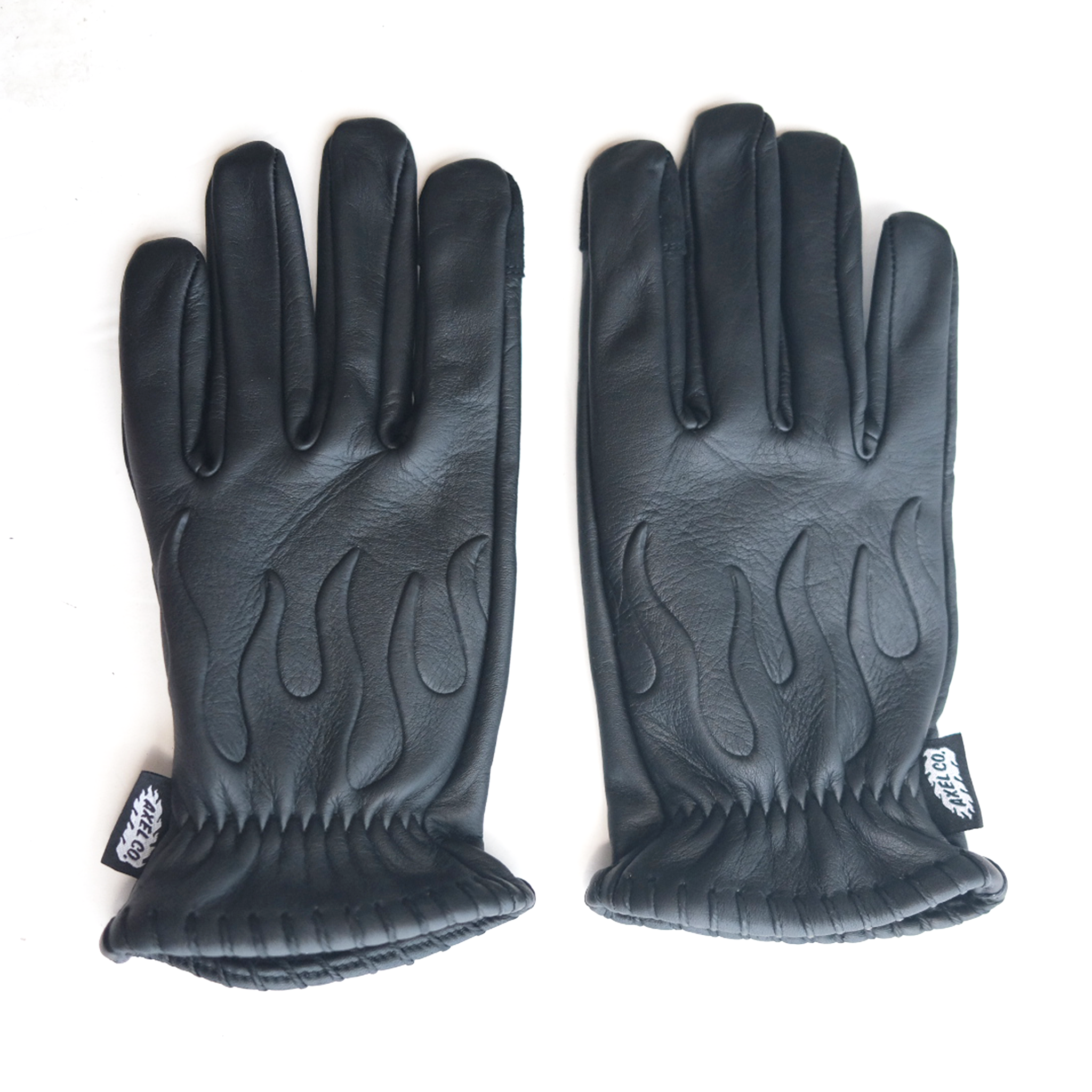 Pair of black motorcycle leather gloves with flame pattern 